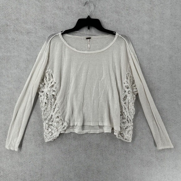 Free People‎ Sweater Womens XS White Crochet Open Loose Knit Lace Crop Top - Picture 1 of 14
